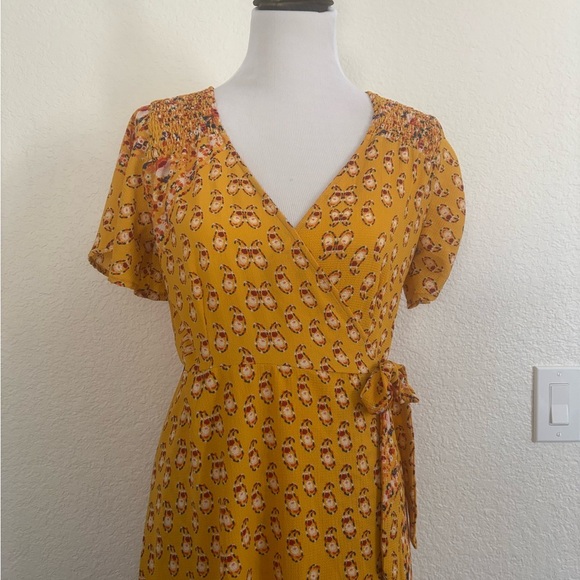 Yellow Flutter Sleeve Wrap Midi Dress - Picture 2 of 11